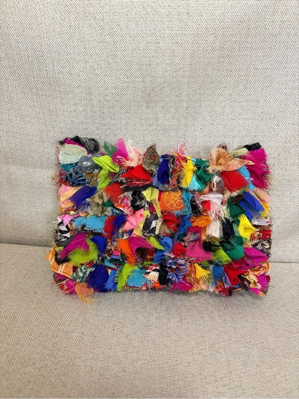 Handmade Indian Recycled Sari Fabric Fringe Zip Pouch Boho Cosmetic Coin Purse